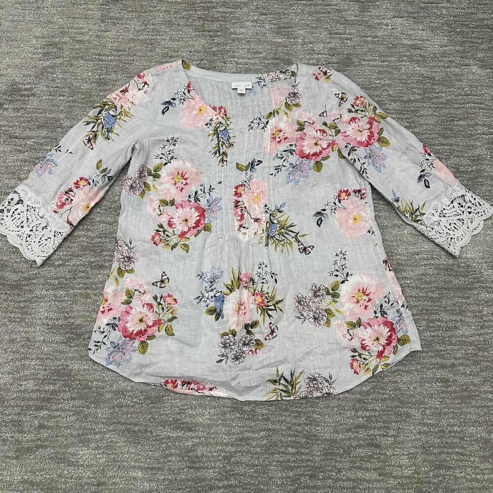 J Jill Shirt Womens Small Blue Floral Bird Crochet Lace Sleeve Love Linen